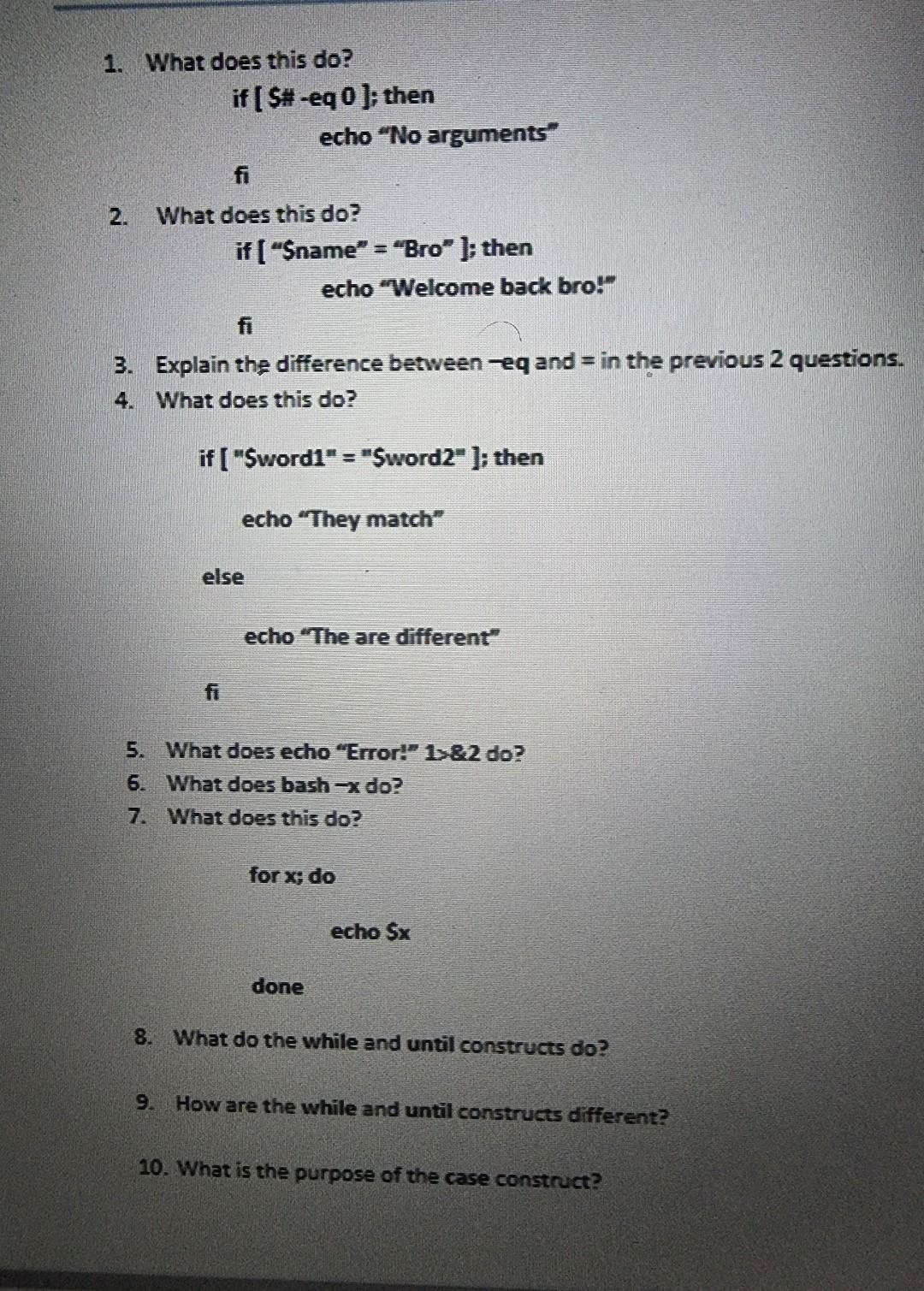 1 What Does This Do If Sy Eq0 Then Echo No Arguments Fi 2 What Does This Do If Sname Bro Then Echo 1