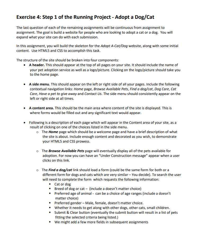 Exercise 4 Step 1 Of The Running Project Adopt A Dog Cat The Last Question Of Each Of The Remaining Assignments Will 1