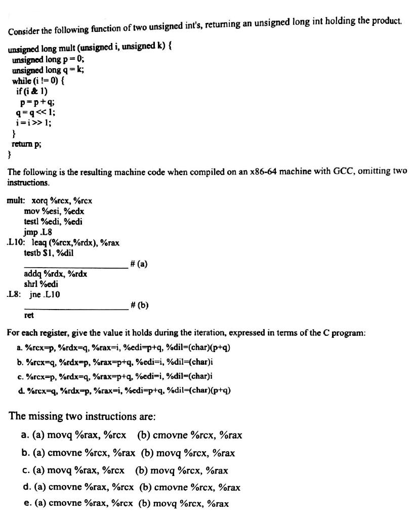 The Following Is The Resulting Machine Code When Compiled On An 86 64 Machine With Gcc Omitting Tw Instructions For E 1