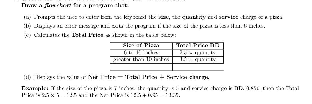 Draw A Flowchart For A Program That A Prompts The User To Enter From The Keyboard The Size The Quantity And Service 1