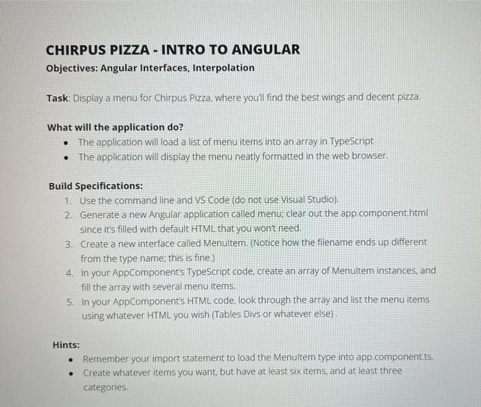 Objectives Angular Interfaces Interpolation Task Display A Menu For Chirpus Pizza Where Youll Find The Best Wings An 1
