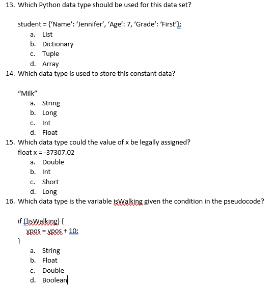 13 Which Python Data Type Should Be Used For This Data Set Student Name Jennifer Age 7 Grade First 1