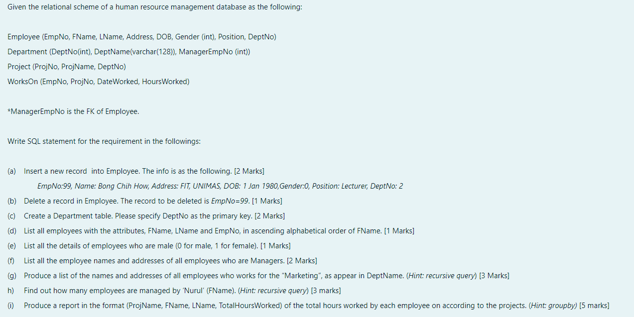 Given The Relational Scheme Of A Human Resource Management Database As The Following Employee Empno Fname Lname Add 1