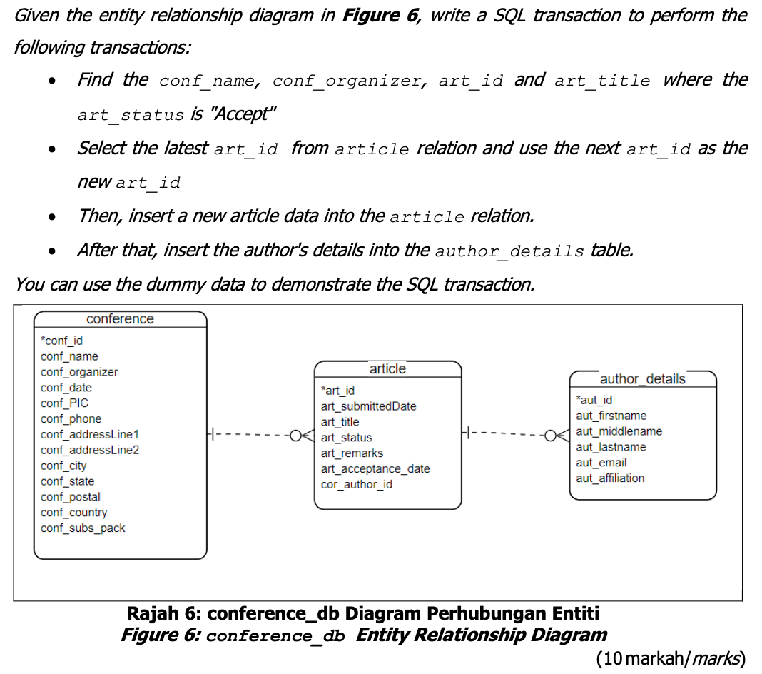 Given The Entity Relationship Diagram In Figure 6 Write A Sql Transaction To Perform The Following Transactions Find 1