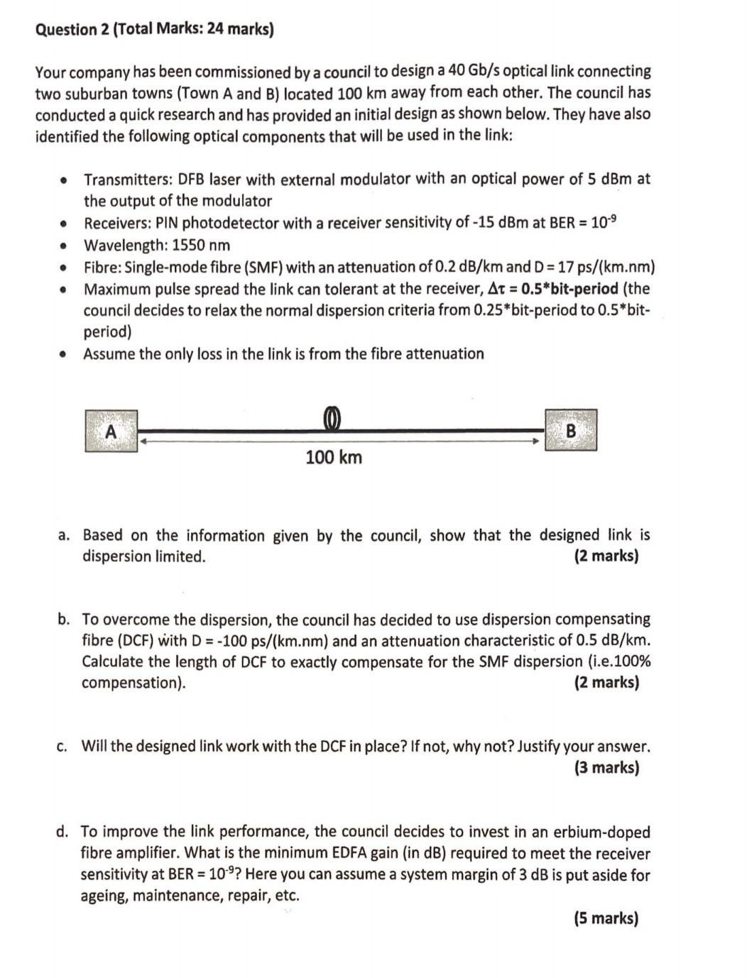 Question 2 Total Marks 24 Marks Your Company Has Been Commissioned By A Council To Design A 40 Gb S Optical Link Conn 1