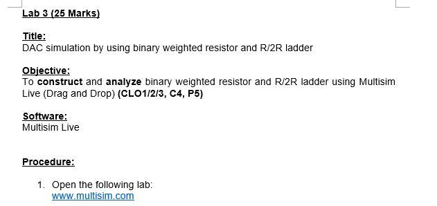Lab 3 25 Marks Title Dac Simulation By Using Binary Weighted Resistor And R 2r Ladder Objective To Construct And Ana 1
