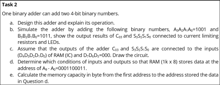 One Binary Adder Can Add Two 4 Bit Binary Numbers A Design This Adder And Explain Its Operation B Simulate The Adder 1