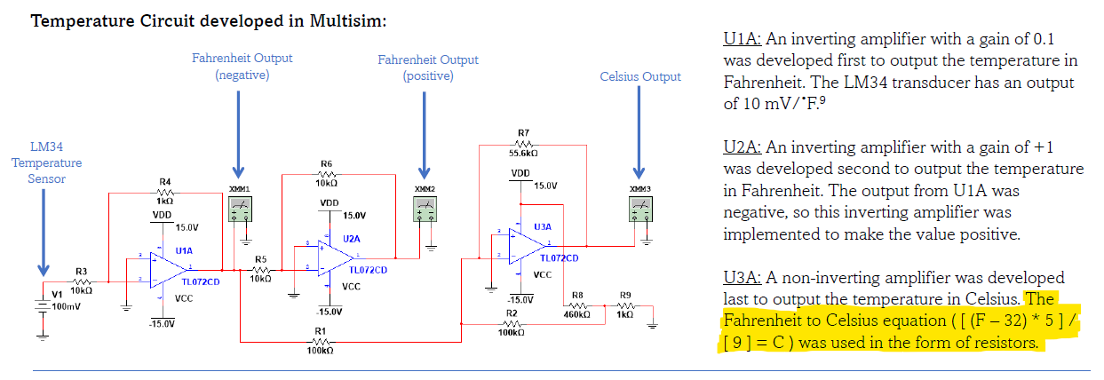 Temperature Circuit Developed In Multisim U1a An Inverting Amplifier With A Gain Of 0 1 Was Developed First To Output 1