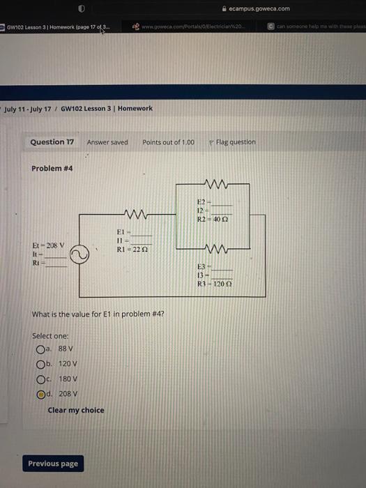 Problem 4 What Is The Value For E1 In Problem 4 Select One 3 88 V B 120 V C 180 V D 208 V Clear My Choice 1