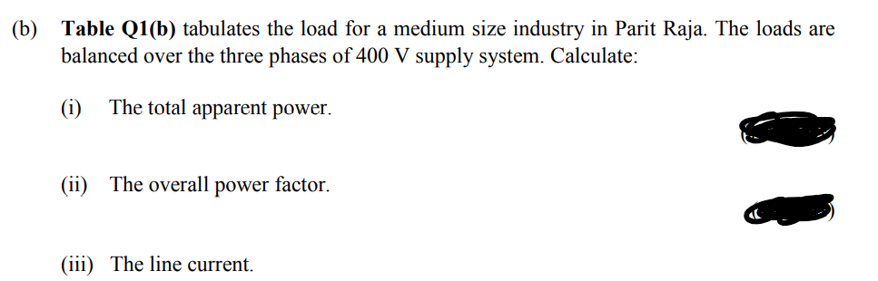 B Table Q1 B Tabulates The Load For A Medium Size Industry In Parit Raja The Loads Are Balanced Over The Three Phases 1
