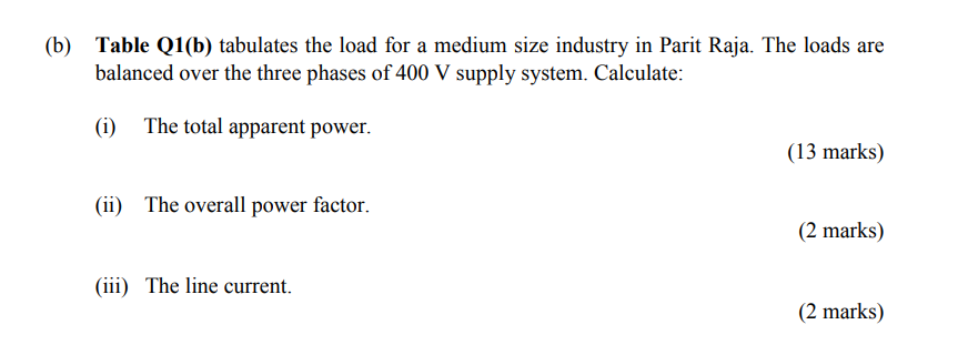 B Table Q1 B Tabulates The Load For A Medium Size Industry In Parit Raja The Loads Are Balanced Over The Three Phase 1