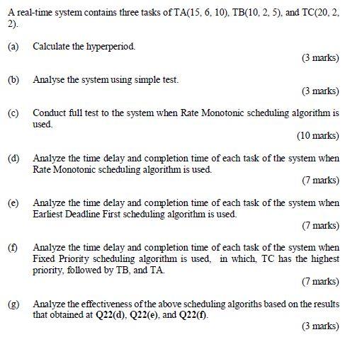 A Real Time System Contains Three Tasks Of Ta 15 6 10 Tb 10 2 5 And Tc 20 2 2 A Calculate The Hyperperiod 3 Ma 1