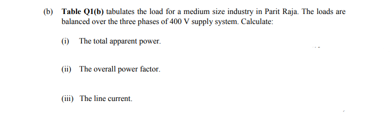 B Table Q1 B Tabulates The Load For A Medium Size Industry In Parit Raja The Loads Are Balanced Over The Three Phase 1