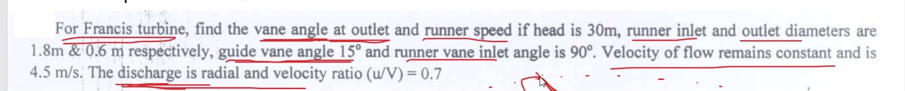 For Francis Turbine Find The Vane Angle At Outlet And Runner Speed If Head Is 30 M Runner Inlet And Outlet Diameters A 1