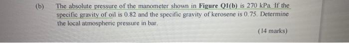 The Absolute Pressure Of The Manometer Shown In Figure Q1 B Is 270kpa If The Specific Gravity Of Oil Is 0 82 And The S 1