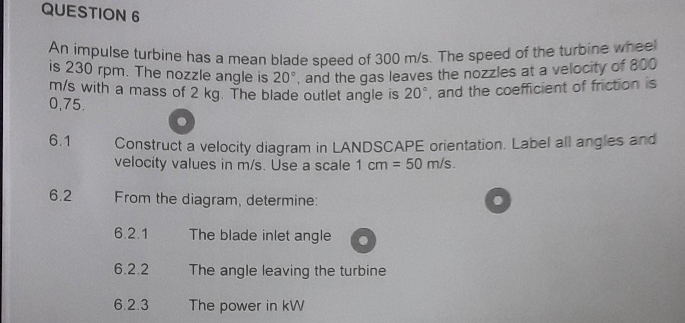 An Impulse Turbine Has A Mean Blade Speed Of 300 M S The Speed Of The Turbine Wheel Is 230rpm The Nozzle Angle Is 20 1