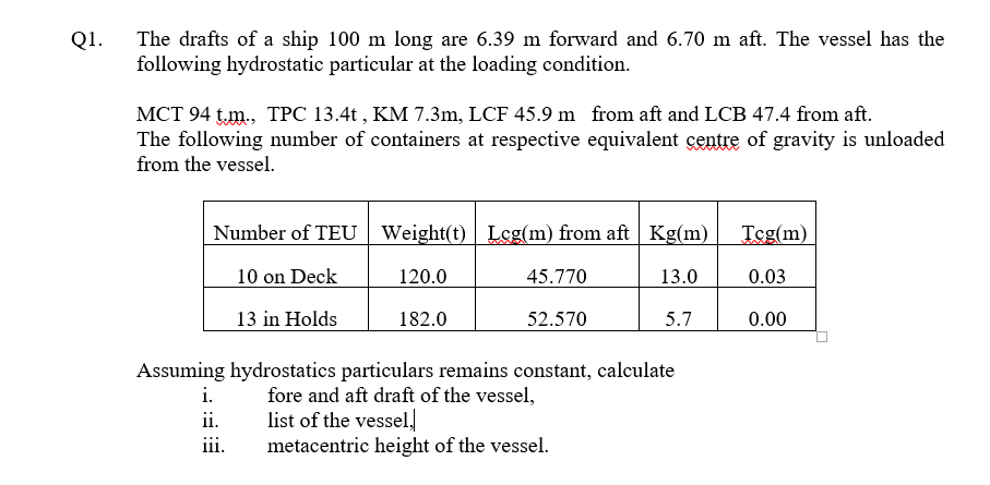 The Drafts Of A Ship 100 M Long Are 6 39 M Forward And 6 70 M Aft The Vessel Has The Following Hydrostatic Particular A 1