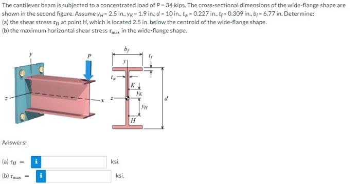 The Cantilever Beam Is Subjected To A Concentrated Load Of P 34 Kips The Cross Sectional Dimensions Of The Wide Flange 1