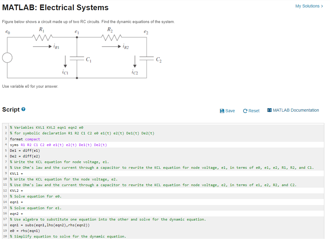 Matlab Electrical Systems My Solutions Figure Below Shows A Circuit Made Up Of Two Rc Circuits Find The Dynamic Equa 1