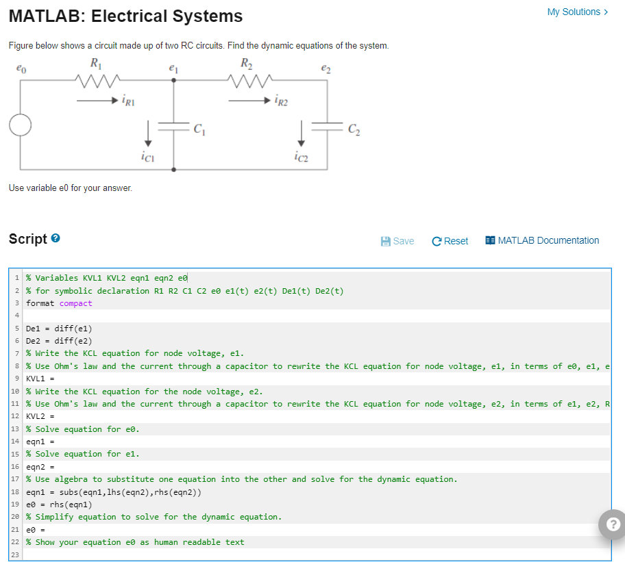 Matlab Electrical Systems My Solutions Figure Below Shows A Circuit Made Up Of Two Rc Circuits Find The Dynamic Equa 1