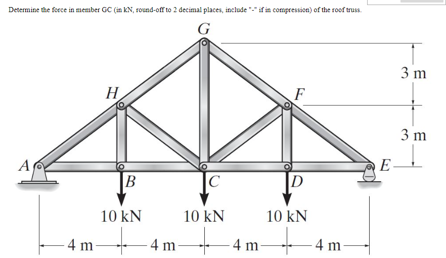 Determine The Force In Member Gc In Kn Round Off To 2 Decimal Places Include If In Compression Of The Roof Truss 1