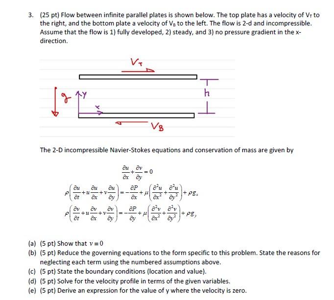 3 25 Pt Flow Between Infinite Parallel Plates Is Shown Below The Top Plate Has A Velocity Of Vt To The Right And 1
