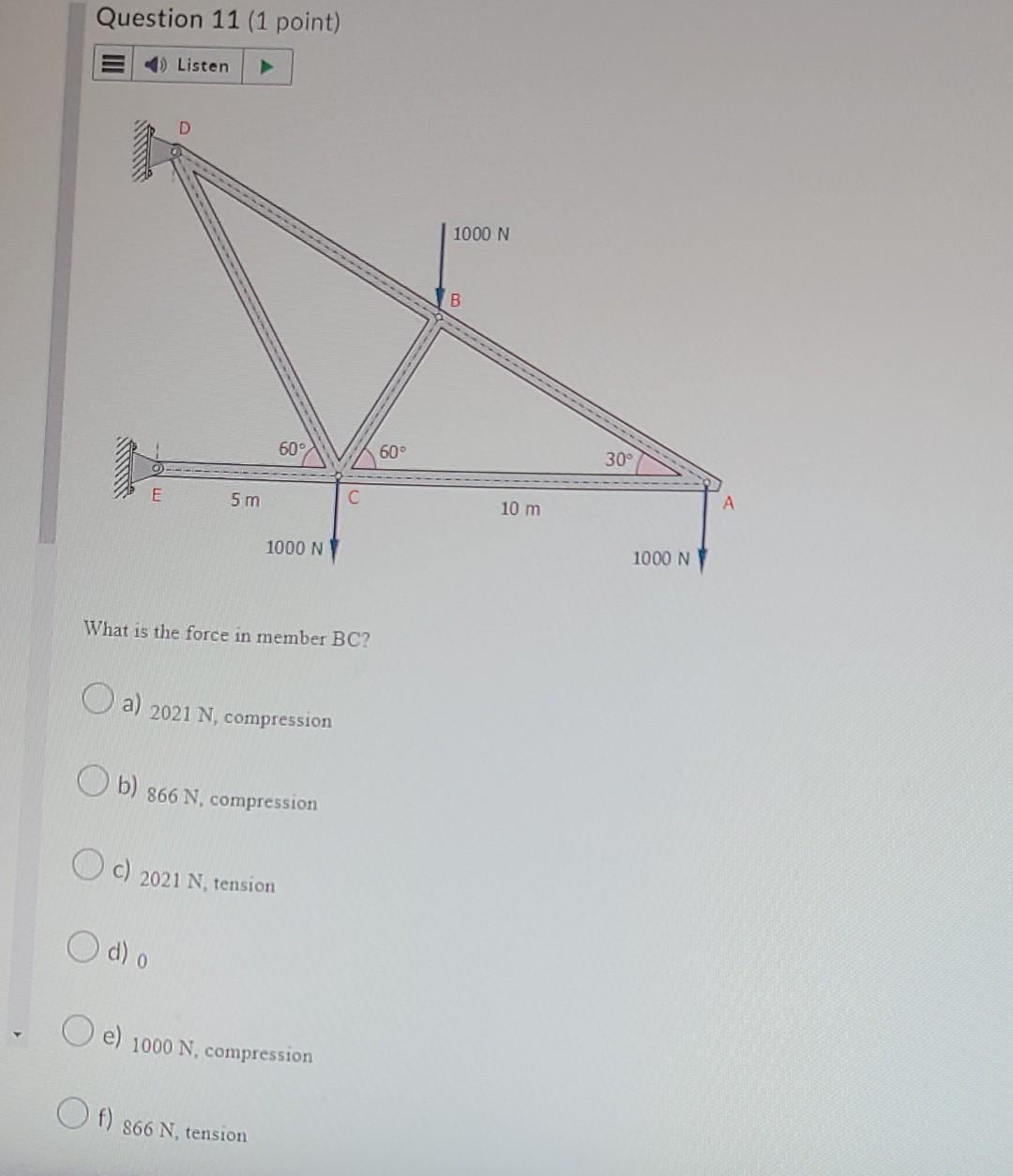 What Is The Force In Member Bc A 2021 N Compression B 866 N Compression C 2021 N Tension D 0 E 1000 N Compres 1