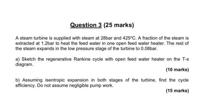 A Steam Turbine Is Supplied With Steam At 28 Bar And 425 C A Fraction Of The Steam Is Extracted At 1 2bar To Heat The F 1