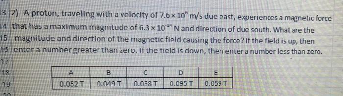 13 2 A Proton Traveling With A Velocity Of 7 6 X 10 M S Due East Experiences A Magnetic Force 74 That Has A Maximum M 1