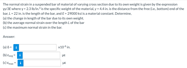 The Normal Strain In A Suspended Bar Of Material Of Varying Cross Section Due To Its Own Weight Is Given By The Expressi 1