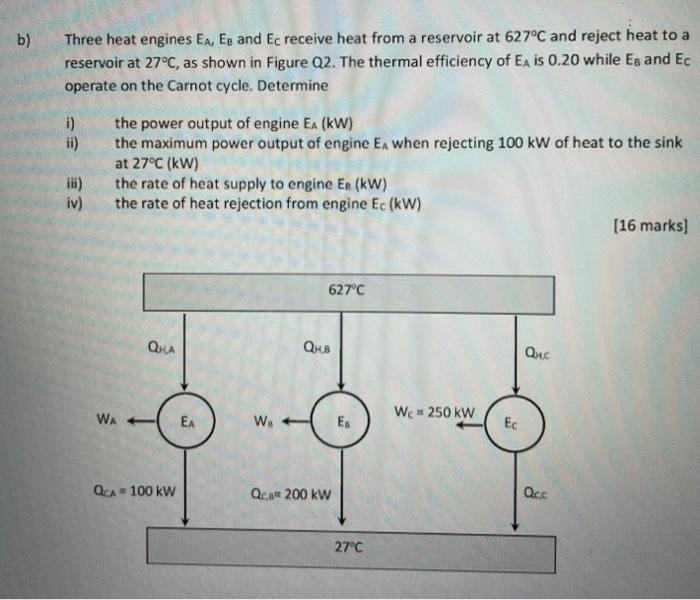 B Three Heat Engines Ea Eb And Ec Receive Heat From A Reservoir At 627 C And Reject Heat To A Reservoir At 27 C As 1