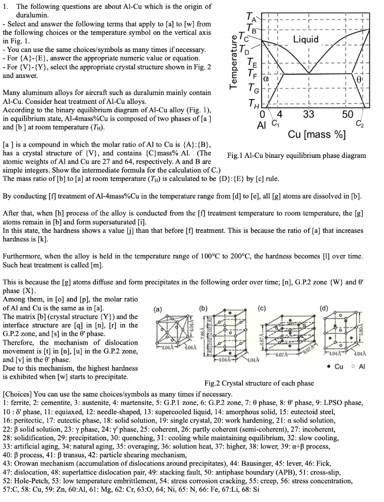 1 The Following Questions Are About Al Cu Which Is The Origin Of Duralumin Select And Answer The Following Terms Tha 1