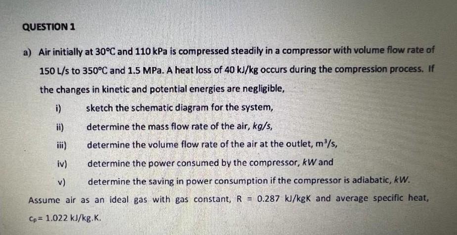 A Air Initially At 30 C And 110kpa Is Compressed Steadily In A Compressor With Volume Flow Rate Of 150 L S To 350 C And 1
