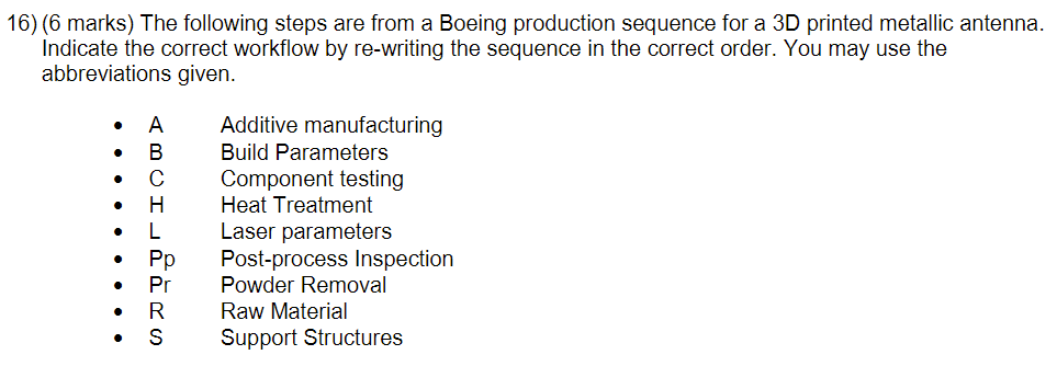 16 6 Marks The Following Steps Are From A Boeing Production Sequence For A 3d Printed Metallic Antenna Indicate The 1