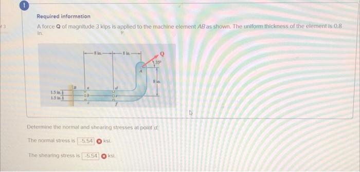 Required Information A Force Q Of Magnitude 3 Kips Is Applied To The Machine Element Ab As Shown The Uniform Thickness 1