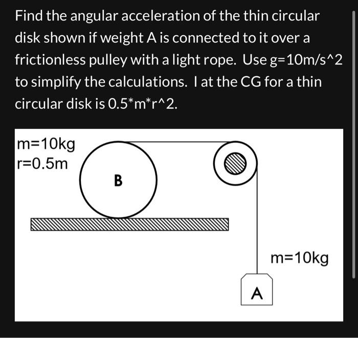 Find The Angular Acceleration Of The Thin Circular Disk Shown If Weight A Is Connected To It Over A Frictionless Pulley 2