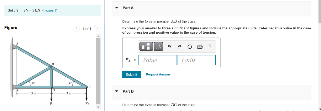 P1 P2 5kn Figure 1 Determine The Force In Member Ab Of The Truss Re 1 Of 1 Express Your Answer To Three Signific 1