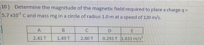 10 Determine The Magnitude Of The Magnetic Field Required To Place A Charge Q 5 7 X102 C And Mass Mg In A Circle Of 1