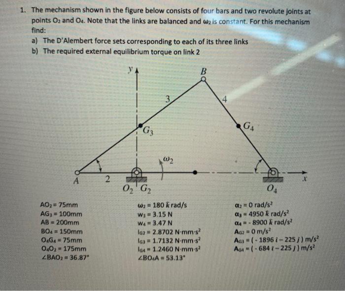 1 The Mechanism Shown In The Figure Below Consists Of Four Bars And Two Revolute Joints At Points O2 And O4 Note Tha 1