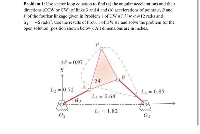 Problem 1 Use Vector Loop Equation To Find A The Angular Accelerations And Their Directions Ccw Or Cw Of Links 3 An 1