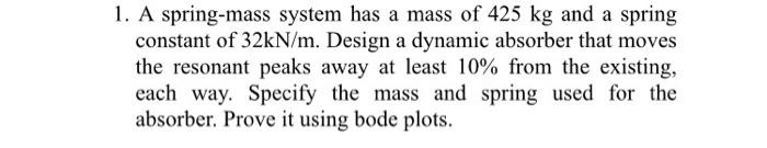 A Spring Mass System Has A Mass Of 425 Kg And A Spring Constant Of 32kn M Design A Dynamic Absorber That Moves The Reso 1