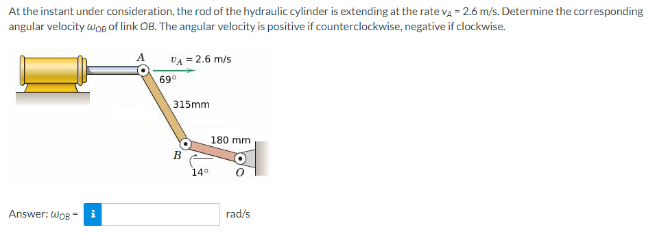 At The Instant Under Consideration The Rod Of The Hydraulic Cylinder Is Extending At The Rate Va 2 6 M S Determine Th 1
