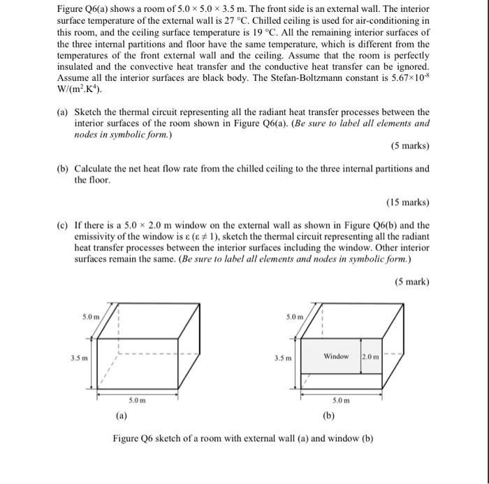 Figure Q6 A Shows A Room Of 5 0 5 0 X 3 5 M The Front Side Is An External Wall The Interior Surface Temperature Of Th 1