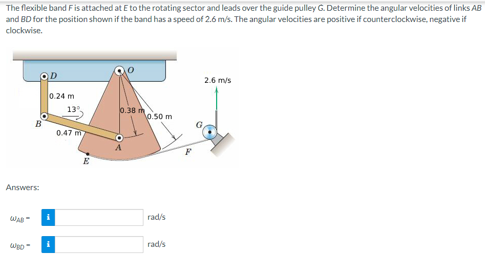The Flexible Band F Is Attached At E To The Rotating Sector And Leads Over The Guide Pulley G Determine The Angular Vel 1