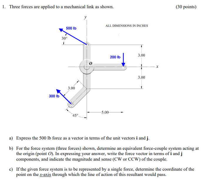 1 Three Forces Are Applied To A Mechanical Link As Shown 30 Points A Express The 500lb Force As A Vector In Terms O 1