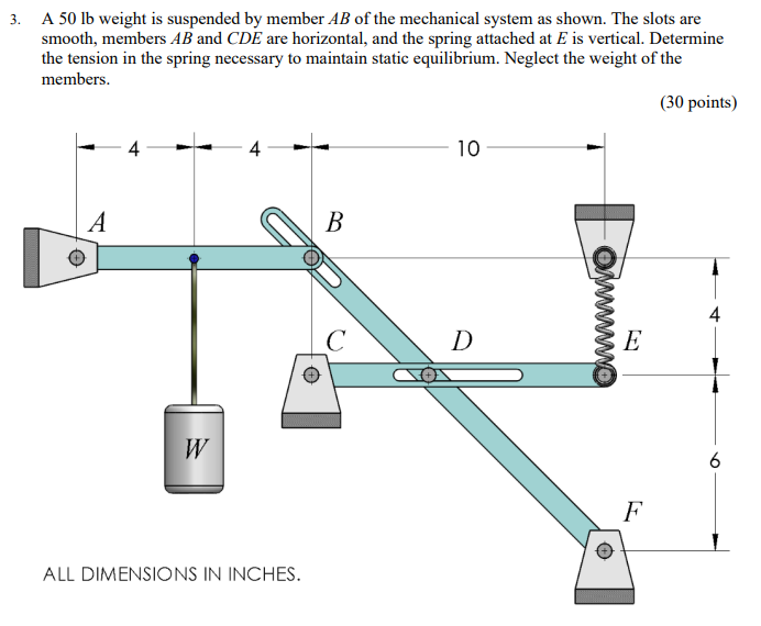 3 A 50lb Weight Is Suspended By Member Ab Of The Mechanical System As Shown The Slots Are Smooth Members Ab And Cde A 1