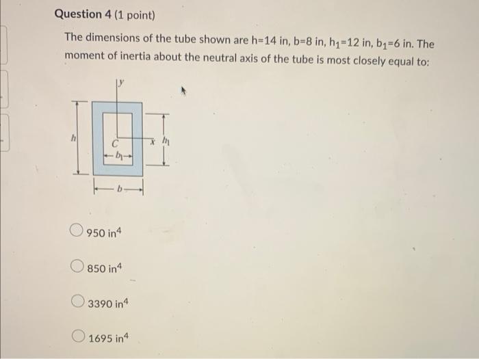Question 4 1 Point The Dimensions Of The Tube Shown Are H 14in B 8in H1 12in B1 6in The Moment Of Inertia About The 1