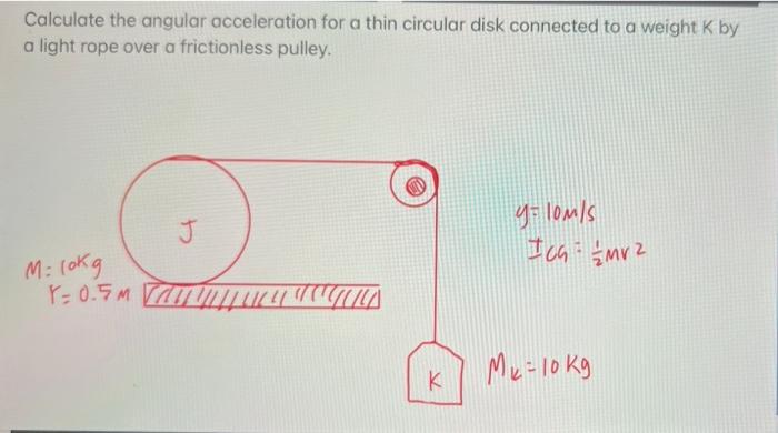 Calculate The Angular Acceleration For A Thin Circular Disk Connected To A Weight K By A Light Rope Over A Frictionless 1
