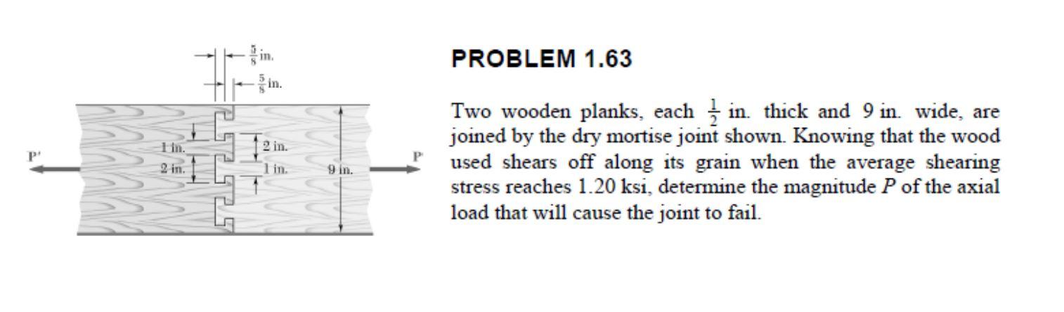 Two Wooden Planks Each 21 In Thick And 9 In Wide Are Joined By The Dry Mortise Joint Shown Knowing That The Wood U 1