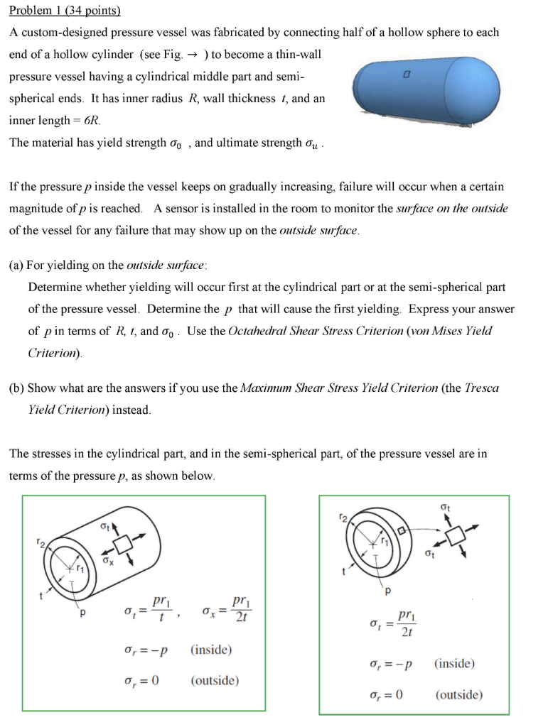 Problem 1 34 Points A Custom Designed Pressure Vessel Was Fabricated By Connecting Half Of A Hollow Sphere To Each End 1